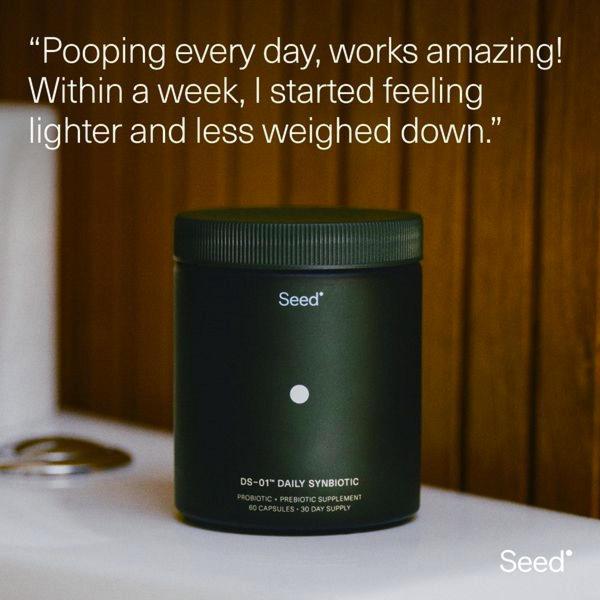 A clean, high-contrast ad featuring a product jar placed on a bathroom surface, paired with a direct, benefit-focused customer quote about digestion.